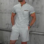 Men Europe and the United States new summer Waffle solid color zip-up lapel short-sleeve suit shorts two sets