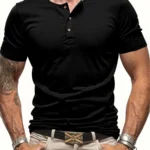 Men’s Short Sleeve Henley Neck T-shirt Solid Color Male Tops Slim Fit Button Neck Casual Cozy Tshirt  Streetwear
