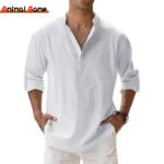 Cotton Linen Shirts for Men Casual Shirts Lightweight Long Sleeve Henley Beach Shirts Hawaiian T Shirts for Men