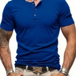 Men’s Short Sleeve Henley Neck T-shirt Solid Color Male Tops Slim Fit Button Neck Casual Cozy Tshirt  Streetwear