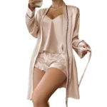 Women’s Ice Silk Sleepwear Three-Piece Set Comfortable Summer Outfit Home Clothes Strap Shorts Robe Outerwear Compatible
