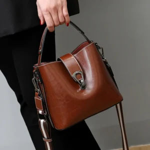 Real Oil Wax Leather Women's Bucket Bag Casual and Simple Handbag Large Capacity Ladies Cowhide Fashionable Crossbody Tote Bag