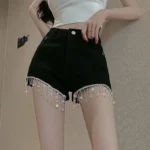 Short Pants for Woman To Wear Sequin Skinny Fringe Tight Mini Sexy Cotton Booty Women’s Shorts Black with Rhinestones Design XL