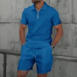 Men Europe and the United States new summer Waffle solid color zip-up lapel short-sleeve suit shorts two sets