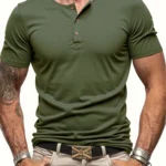 Men’s Short Sleeve Henley Neck T-shirt Solid Color Male Tops Slim Fit Button Neck Casual Cozy Tshirt  Streetwear