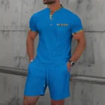 Men Europe and the United States new summer Waffle solid color zip-up lapel short-sleeve suit shorts two sets