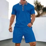 Men Europe and the United States new summer Waffle solid color zip-up lapel short-sleeve suit shorts two sets
