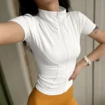 Summer High Quality Waist Slimming Training Tops Women’s Quick-drying Tight Stand Collar Full Zipper Short Sleeves Yoga shirts