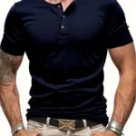 Men’s Short Sleeve Henley Neck T-shirt Solid Color Male Tops Slim Fit Button Neck Casual Cozy Tshirt  Streetwear