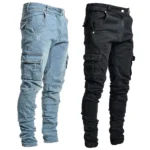 Street Elastic Jeans Men Denim Cargo Pants Wash Solid Color Multi Pockets Casual Mid Waist Trousers Slim Fit Daily Wear Joggers
