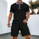 Men Europe and the United States new summer Waffle solid color zip-up lapel short-sleeve suit shorts two sets