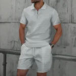 Men Europe and the United States new summer Waffle solid color zip-up lapel short-sleeve suit shorts two sets