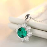 Round Lab Grown Emerald  with halo Design Pendant Necklace Jewelry Gifts for Women Birthday Mother’s Day Gift