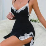 Sexy Sleepwear Women Lace Silk Satin V-Neck Nightgown Split Hem Soft Lingerie Night Dress Sleeveless Sleepwear Female Clothes