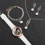 4pcs/set Women’s Shiny Rhinestone Quartz Watch Analog PU Leather Wrist Watch  Faux Pearl Jewelry Set Girls Gift（Without Box）