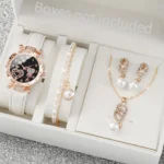4pcs/set Women’s Shiny Rhinestone Quartz Watch Analog PU Leather Wrist Watch  Faux Pearl Jewelry Set Girls Gift（Without Box）