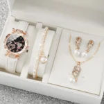 4pcs/set Women’s Shiny Rhinestone Quartz Watch Analog PU Leather Wrist Watch  Faux Pearl Jewelry Set Girls Gift（Without Box）