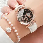 4pcs/set Women’s Shiny Rhinestone Quartz Watch Analog PU Leather Wrist Watch  Faux Pearl Jewelry Set Girls Gift（Without Box）