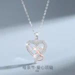 LinkerLove S925 Sterling Silver Mom Double Heart Pendant Necklace for Women Choker Necklace Fine Jewelry Gift for Mothers Day