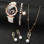4pcs/set Women’s Shiny Rhinestone Quartz Watch Analog PU Leather Wrist Watch  Faux Pearl Jewelry Set Girls Gift（Without Box）