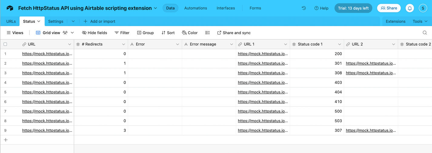 Airtable base document with API results
