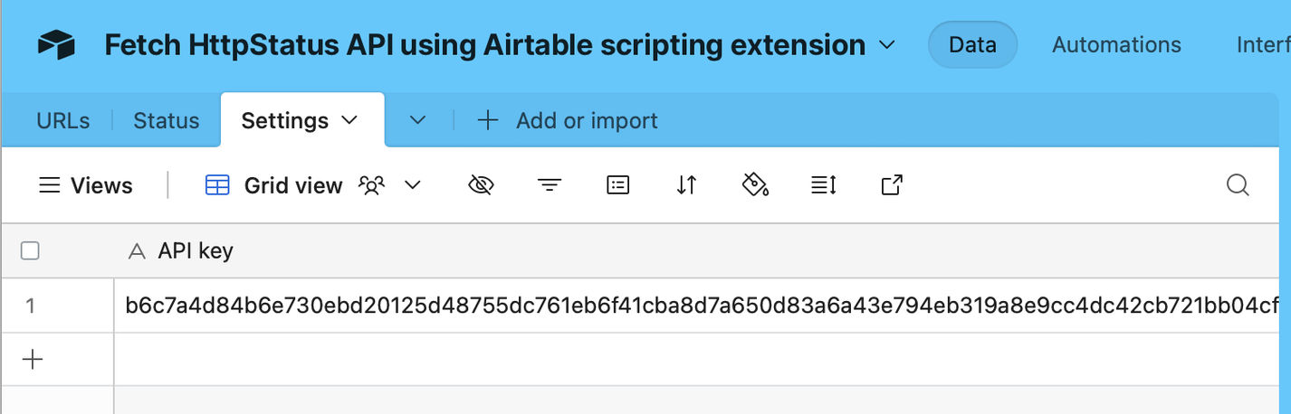 Settings tab in Airtable base document