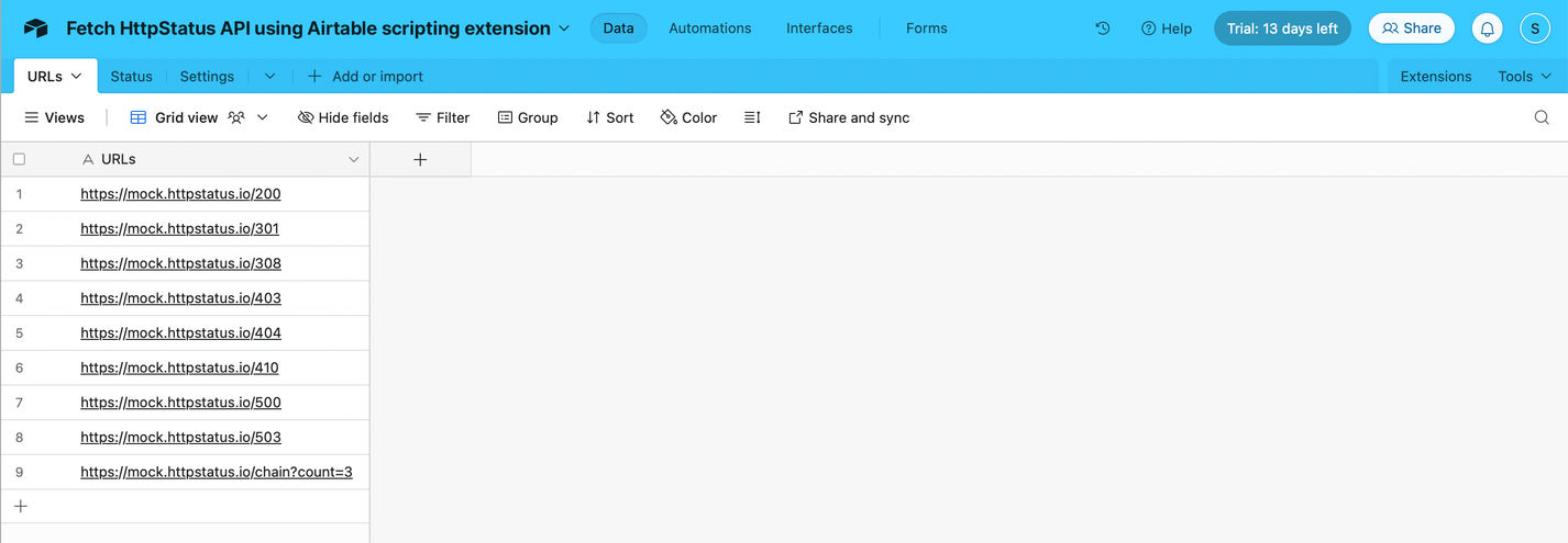 URLs tab in Airtable base document