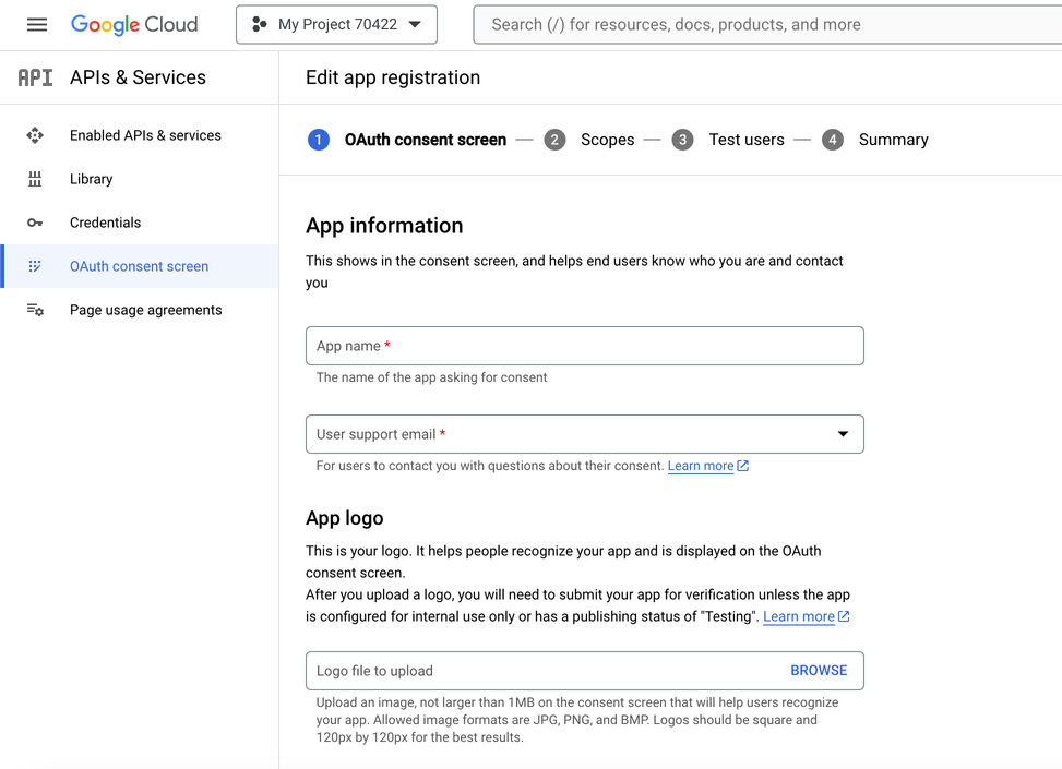 Edit app registration screen