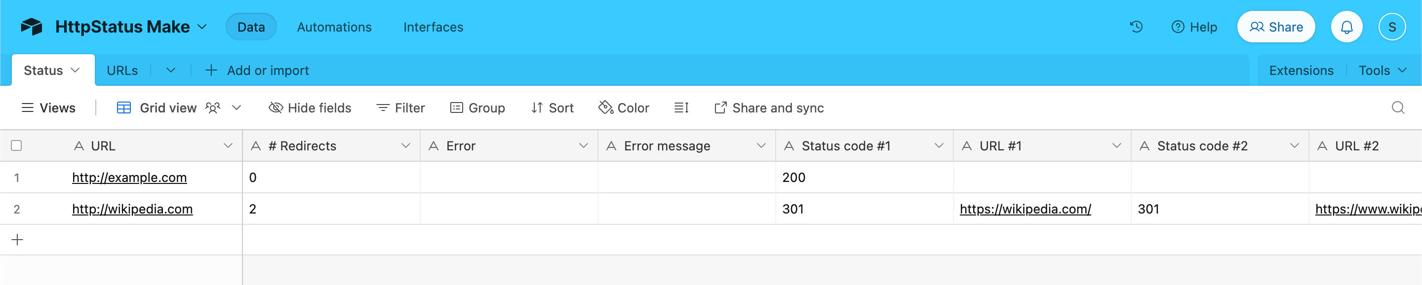 Status tab of the Airtable base document