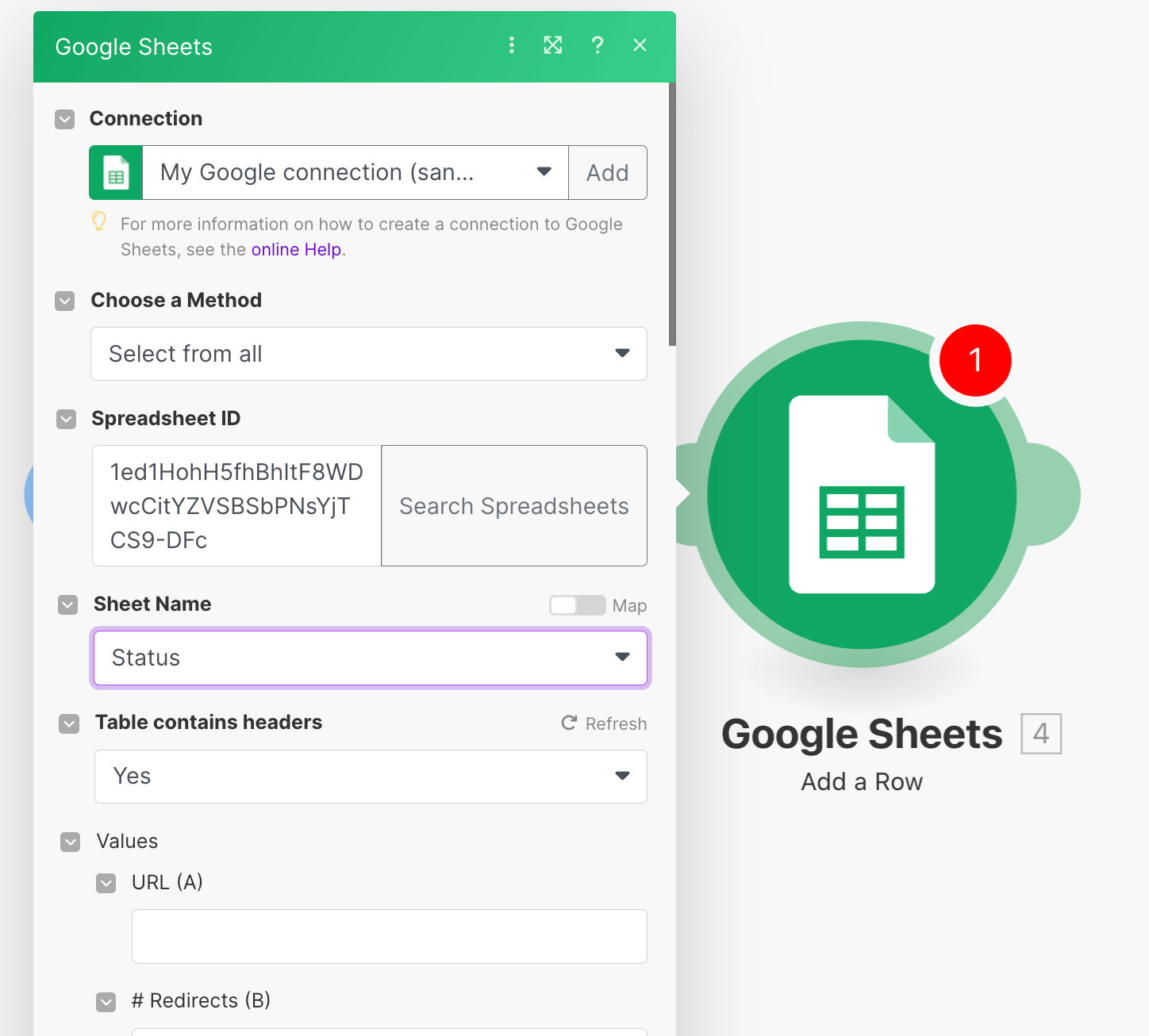 Configure Google Sheet app with HttpStatus app output