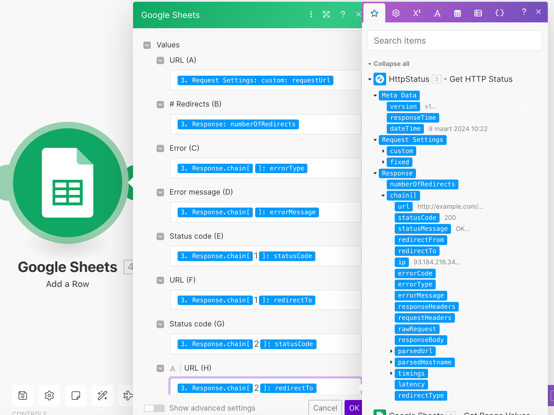 Configure Google Sheet app with HttpStatus app output