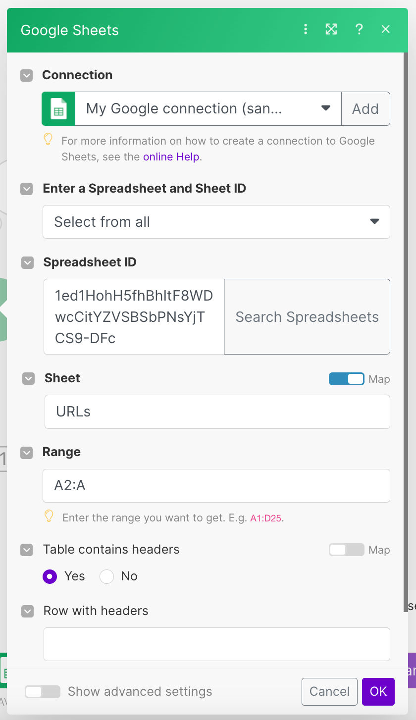 Configure Google Sheets app