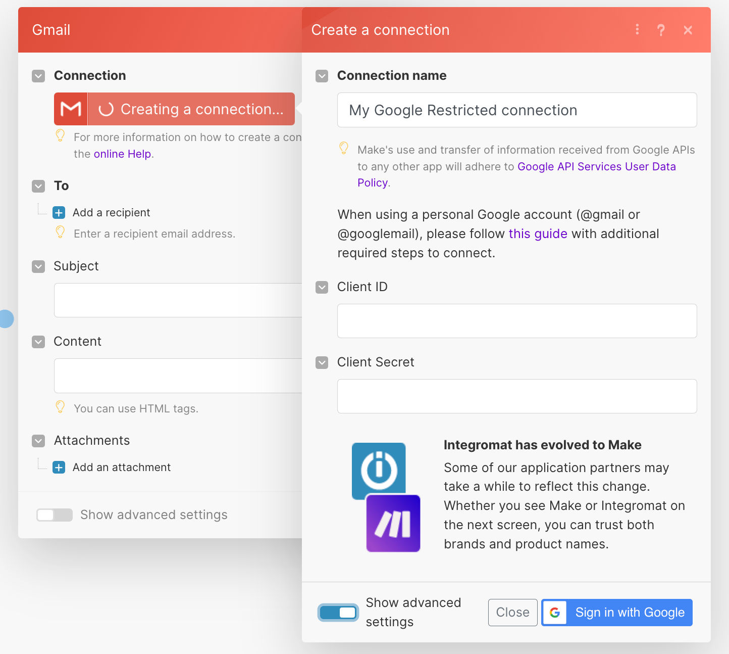 Gmail: create a connection