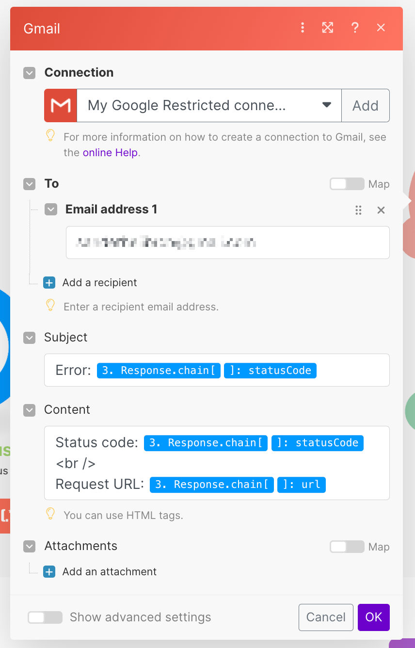 Gmail: configure 'Send an Email' module