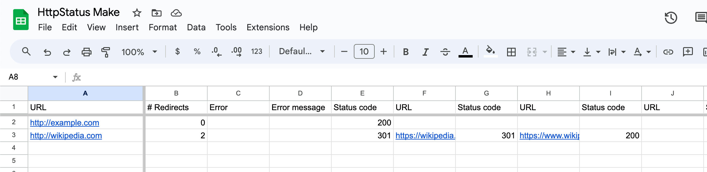 Status tab of the Google Sheets document