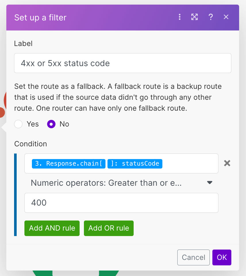 Filter if status code is one in the 4xx
              or 5xx categories