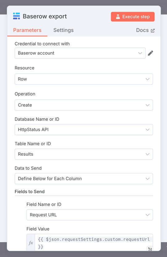 Baserow export: configuration and field mapping
