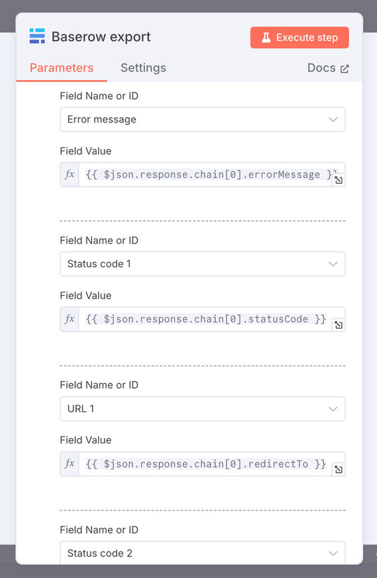 Baserow export: configuration and field mapping