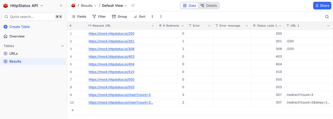 HttpStatus API results in NocoDB target table