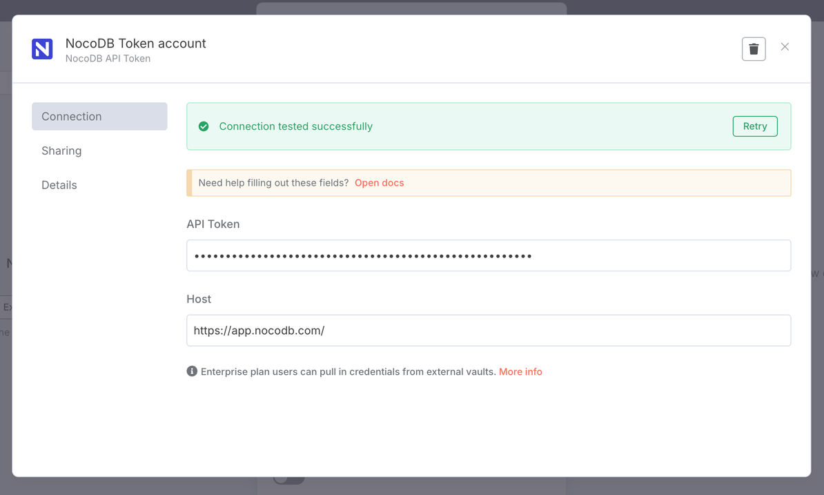 Credentials to connect with NocoDB account