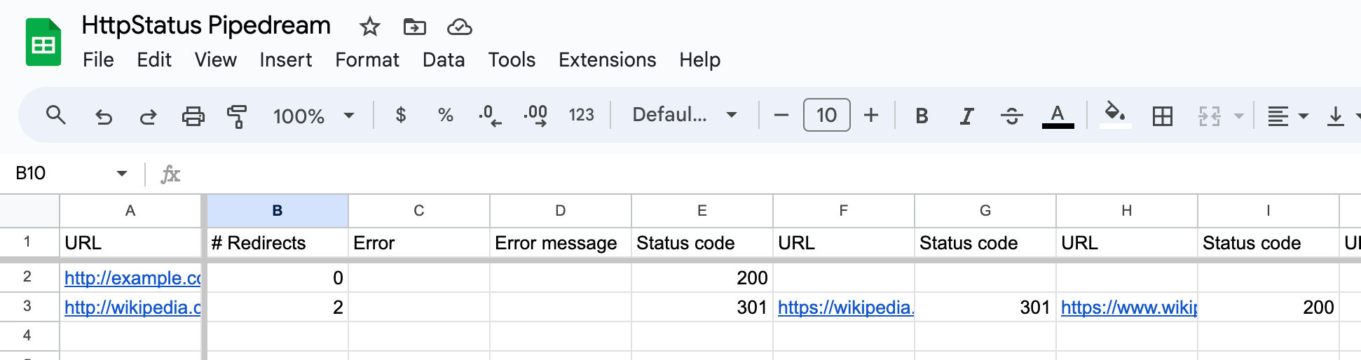 Google Sheets: Status tab