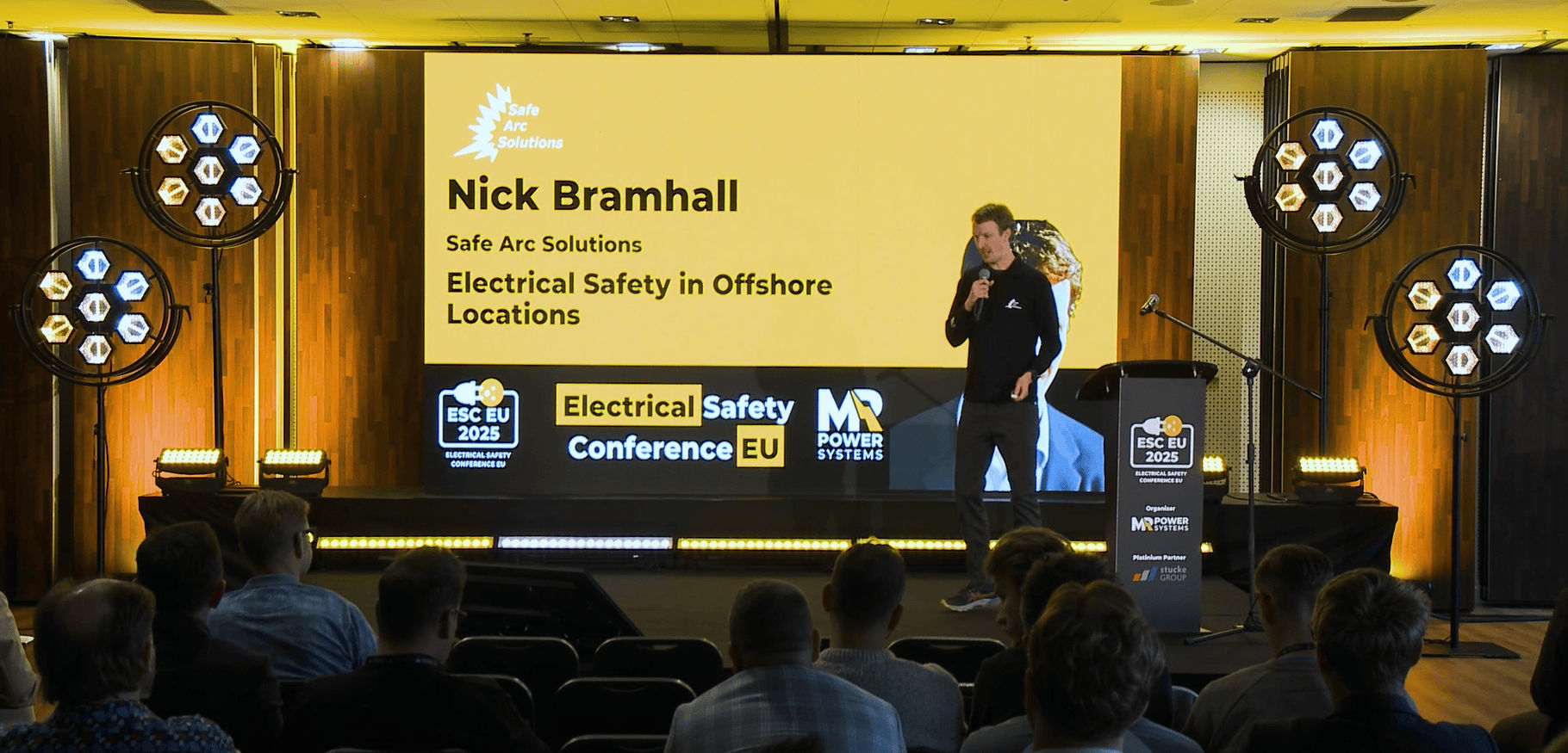 Nick from Safe Arc Solutions presenting to an audience at the Electrical Safety EU Conference in October 2025