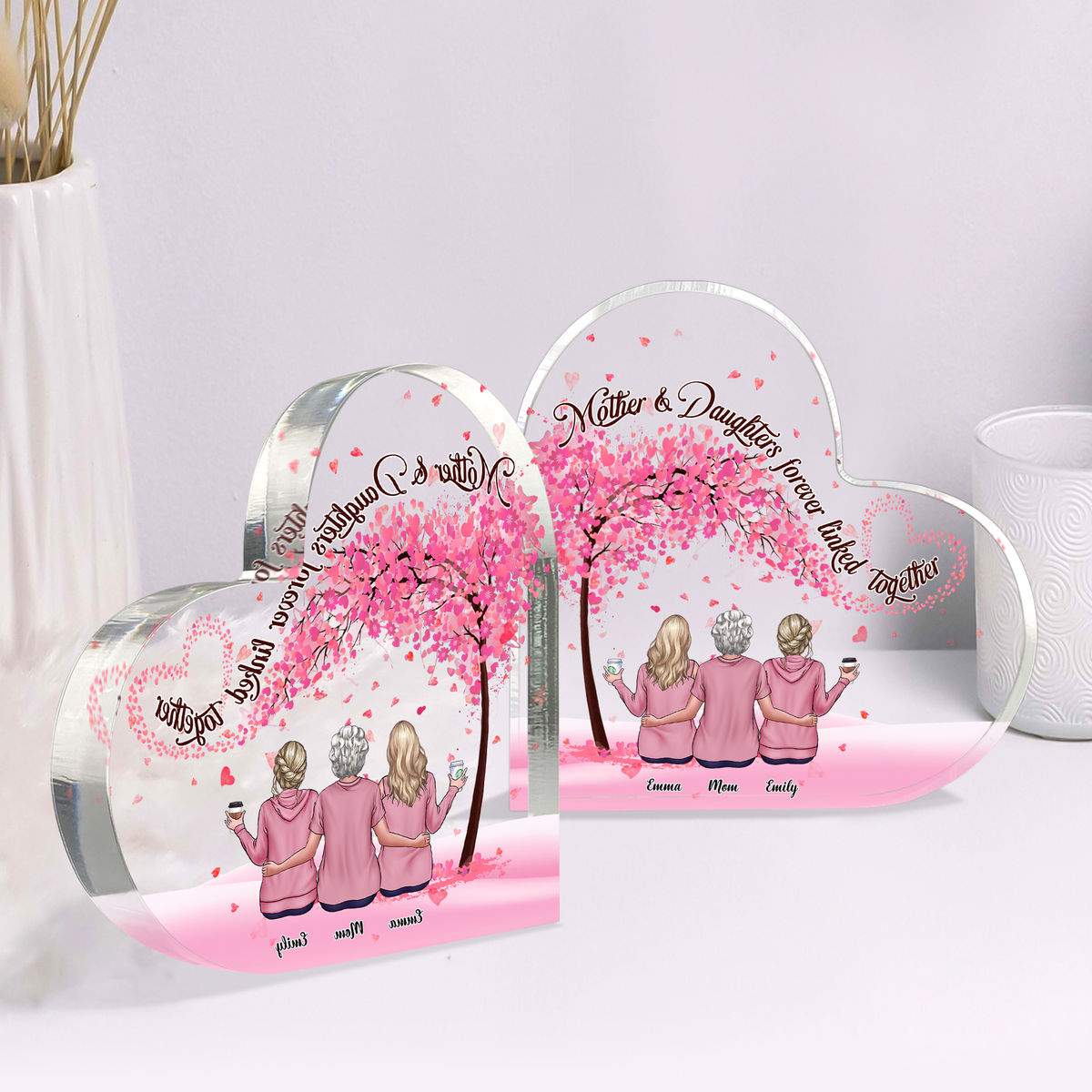 Transparent Plaque - Mother Daughters Gifts - Mother  Daughters Forever Linked Together (Custom Heart-Shaped Acrylic Plaque)_2