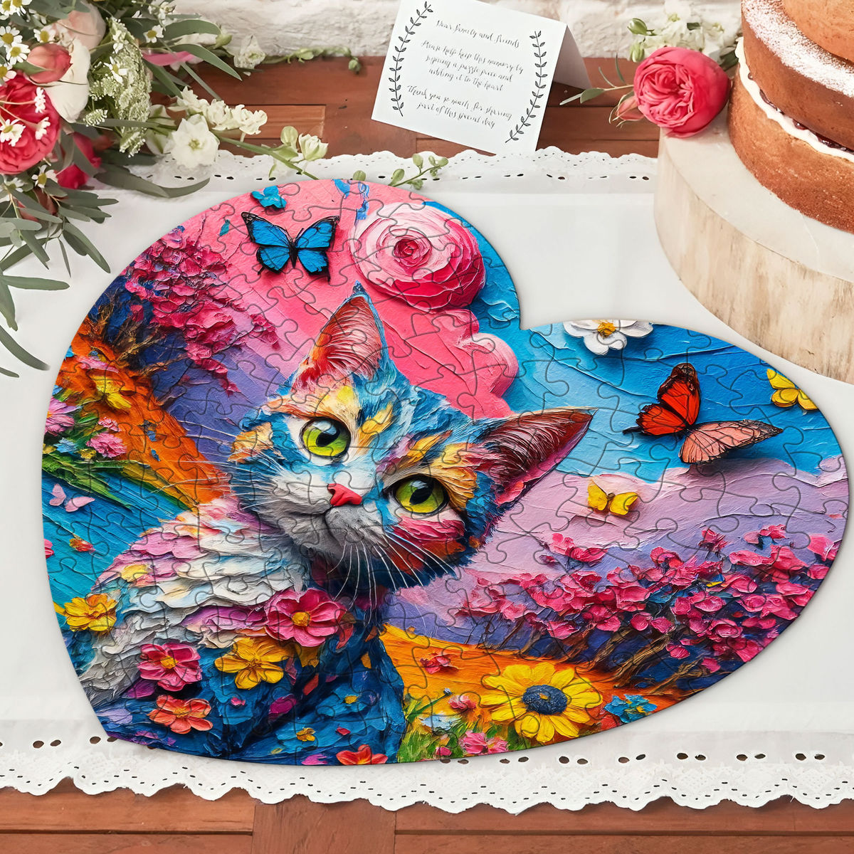 Heart Jigsaw Puzzle - Butterfly Garden Cat - Impasto Oil Painting Puzzle - Gift for Family & Friends - Puzzle_2
