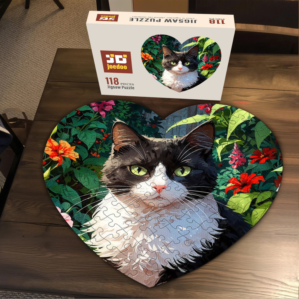 Heart Jigsaw Puzzle - Cat in the Garden Glow – Realism Art - Gift for Family & Friends - Puzzle_1