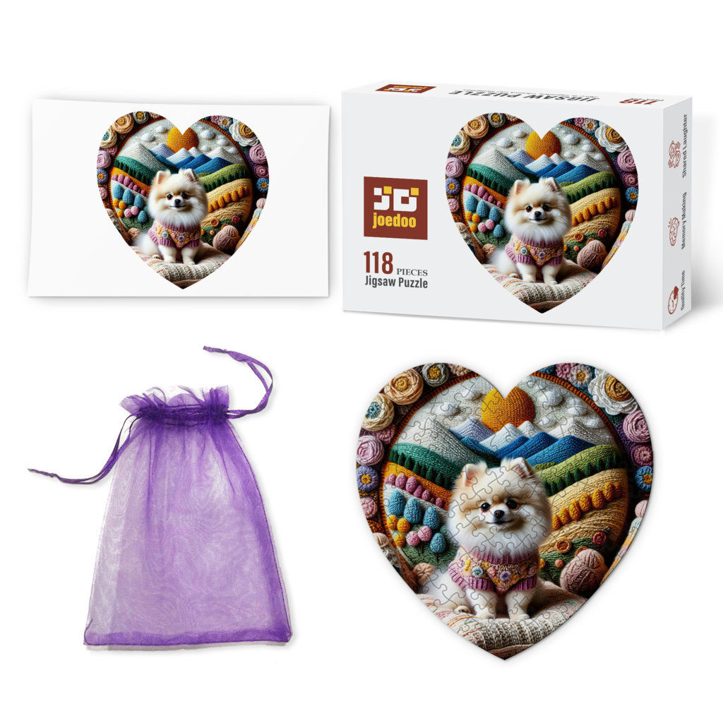 Heart Jigsaw Puzzle - Pomeranian in Stitched Meadows – Embroidery Art Style - Gift for Dog Lovers - Puzzle_7