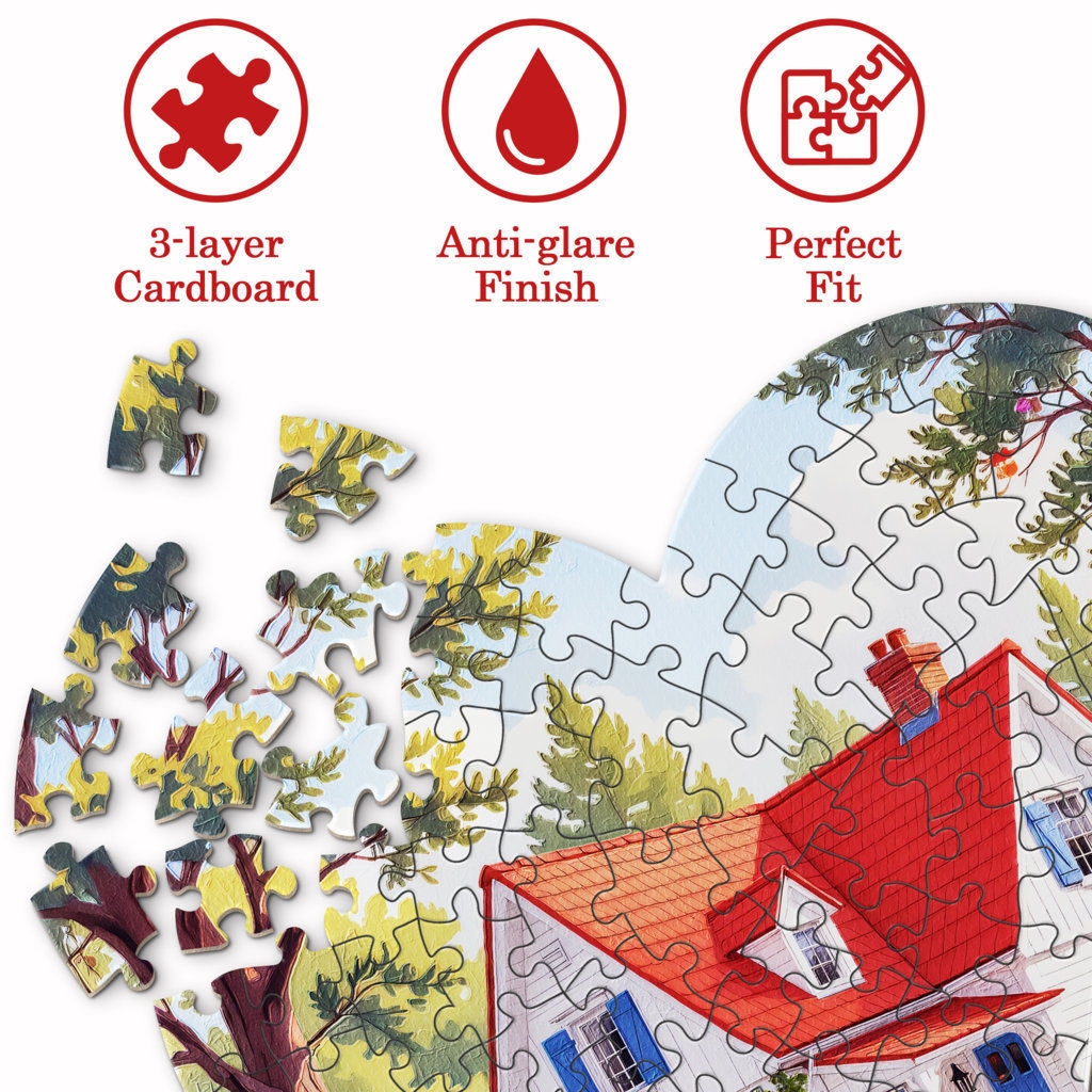 Heart Jigsaw Puzzle - The Red Roof Retreat – Storybook Illustration Style - Gift for Home & Garden Lovers - Puzzle_4