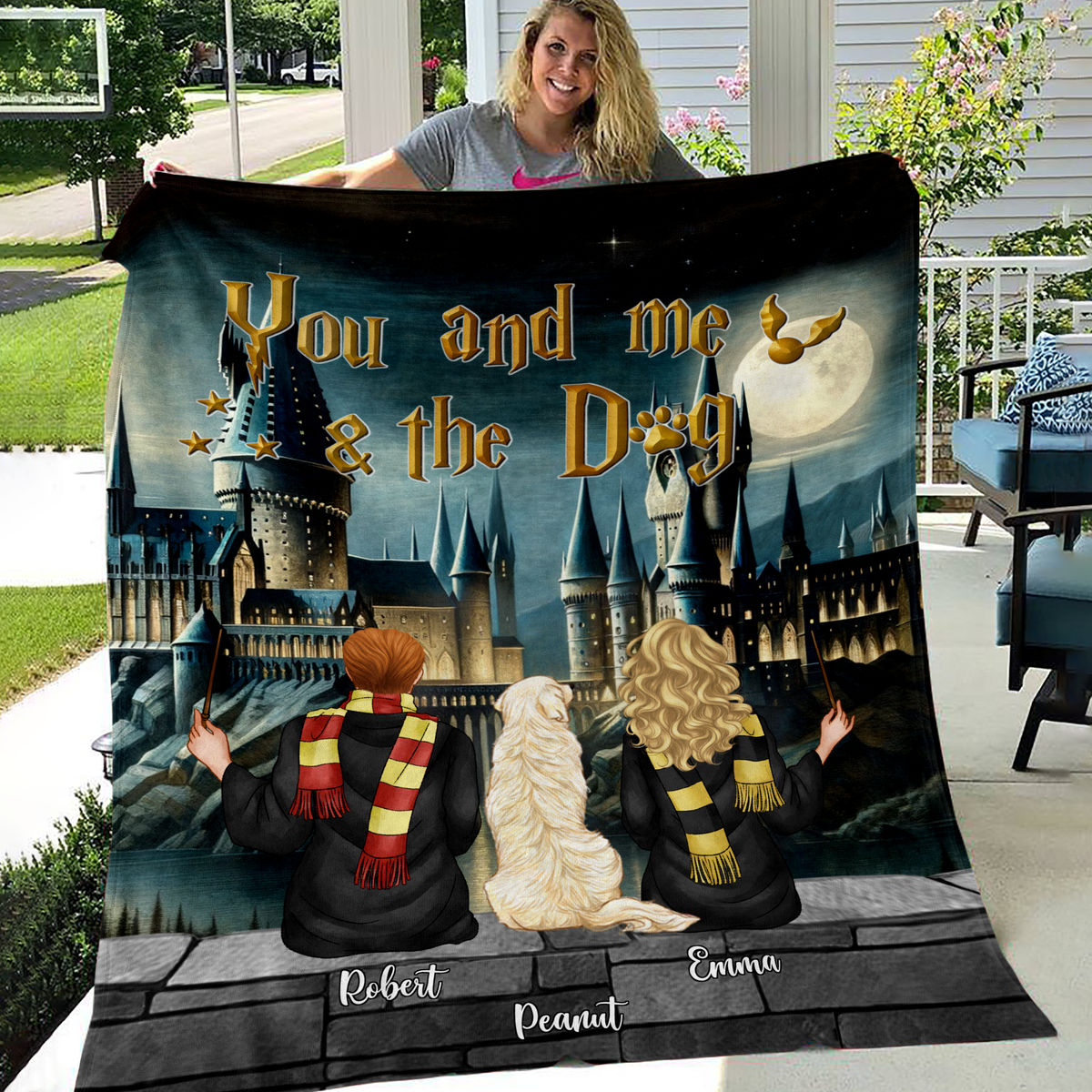 Personalized Blanket - Magic Hogwarts Castle - Couple and Dogs - You and me & the dog - Personalized Blanket_1