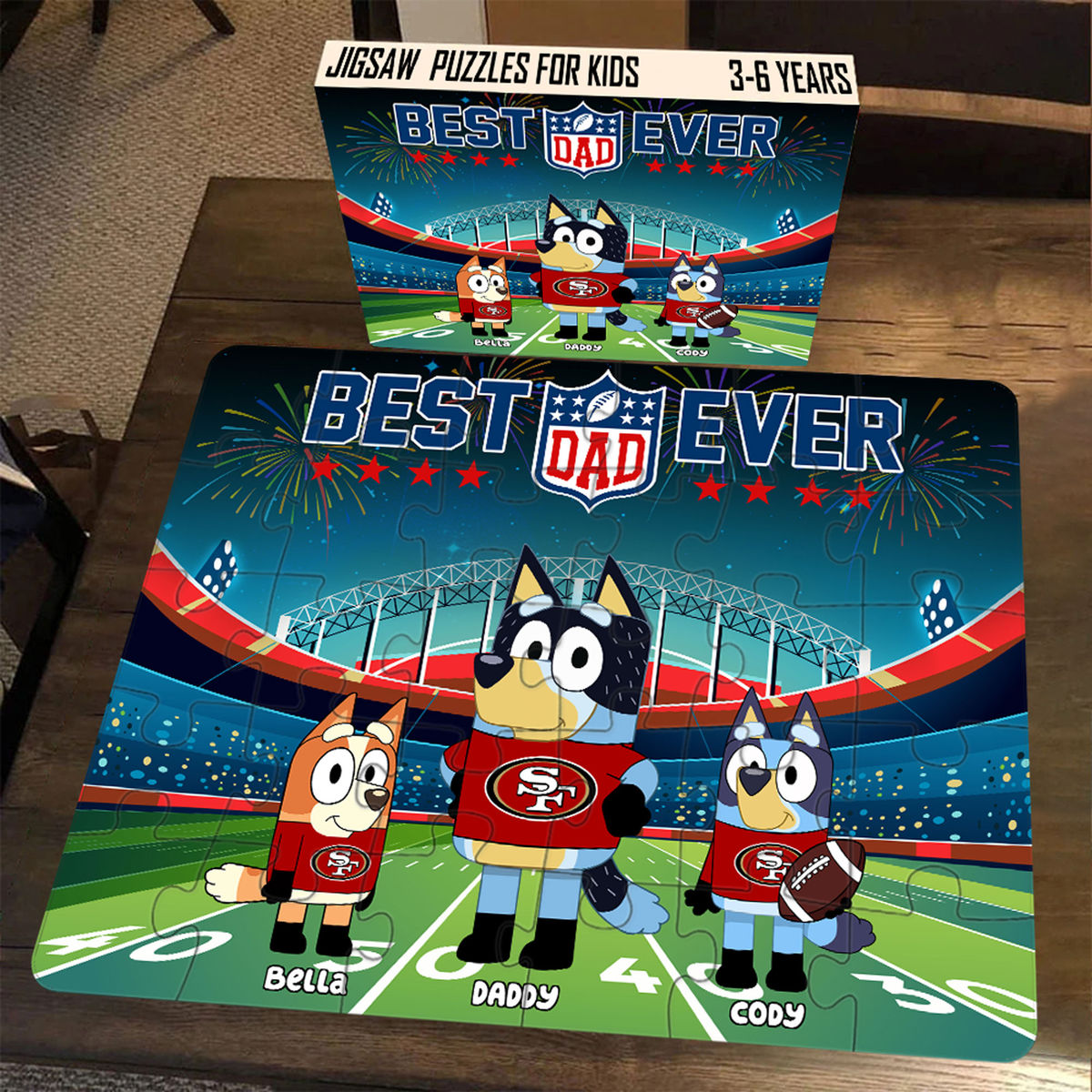 Personalized Jigsaw Puzzles - Best Dad Ever - Bluey Dad - Bluey Family x NFL Football Team - Personalized Puzzle