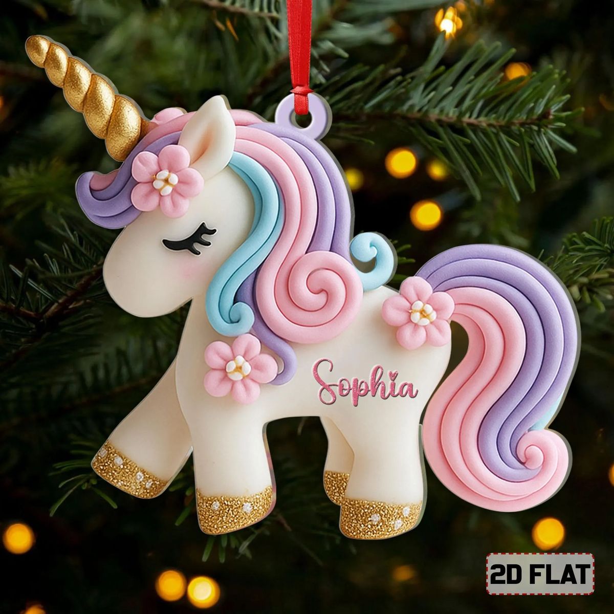 Custom 2D Flat Christmas Ornament, Cute Pastel Unicorn Gift 2025, Kids Girl Unicorn Christmas Decor